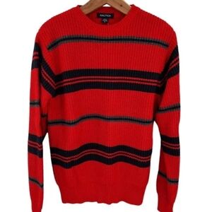Nautica Sweater Pullover Crew Neck Ribbed Cotton Knit Long Sleeve Stripped L VTG